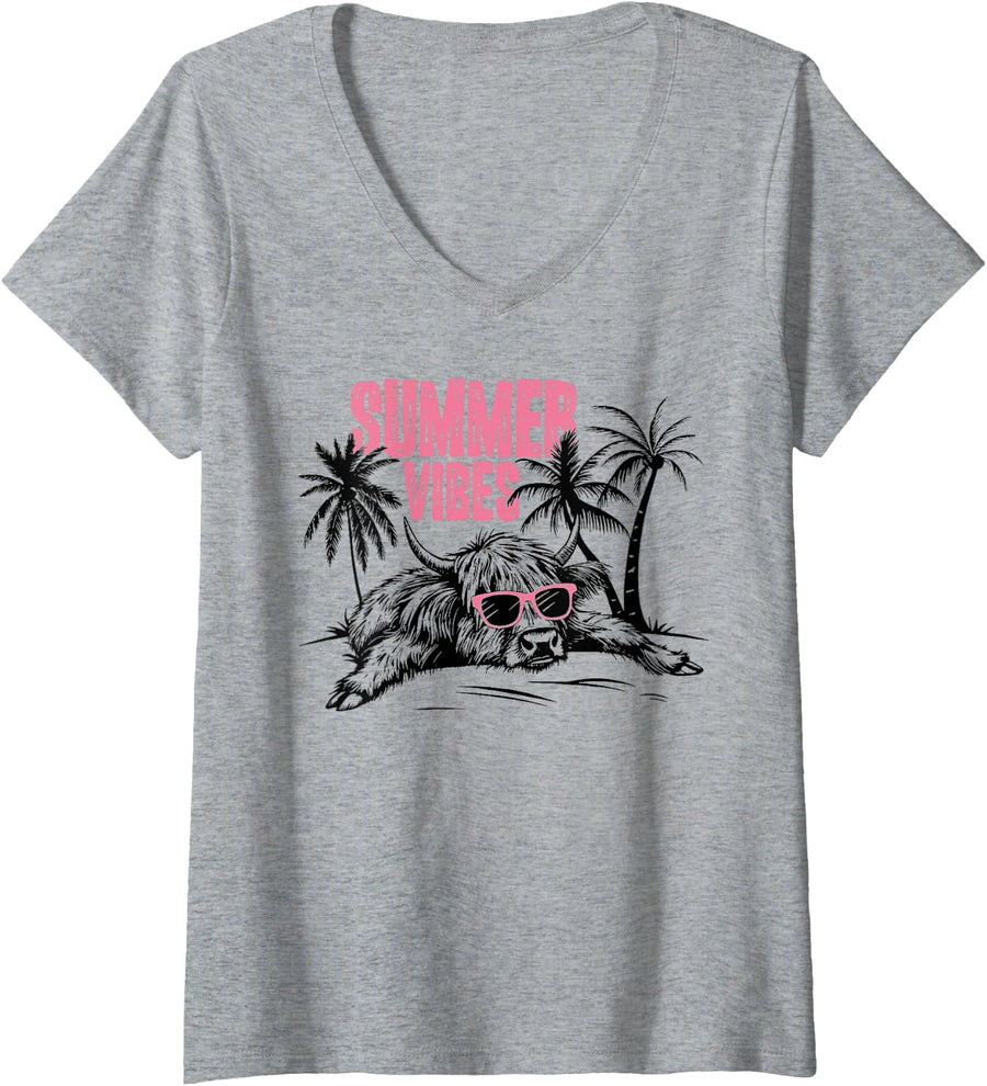 Women's Highland Cow Summer Vibes Funny Beach V-Neck T-Shirt - Heather Grey