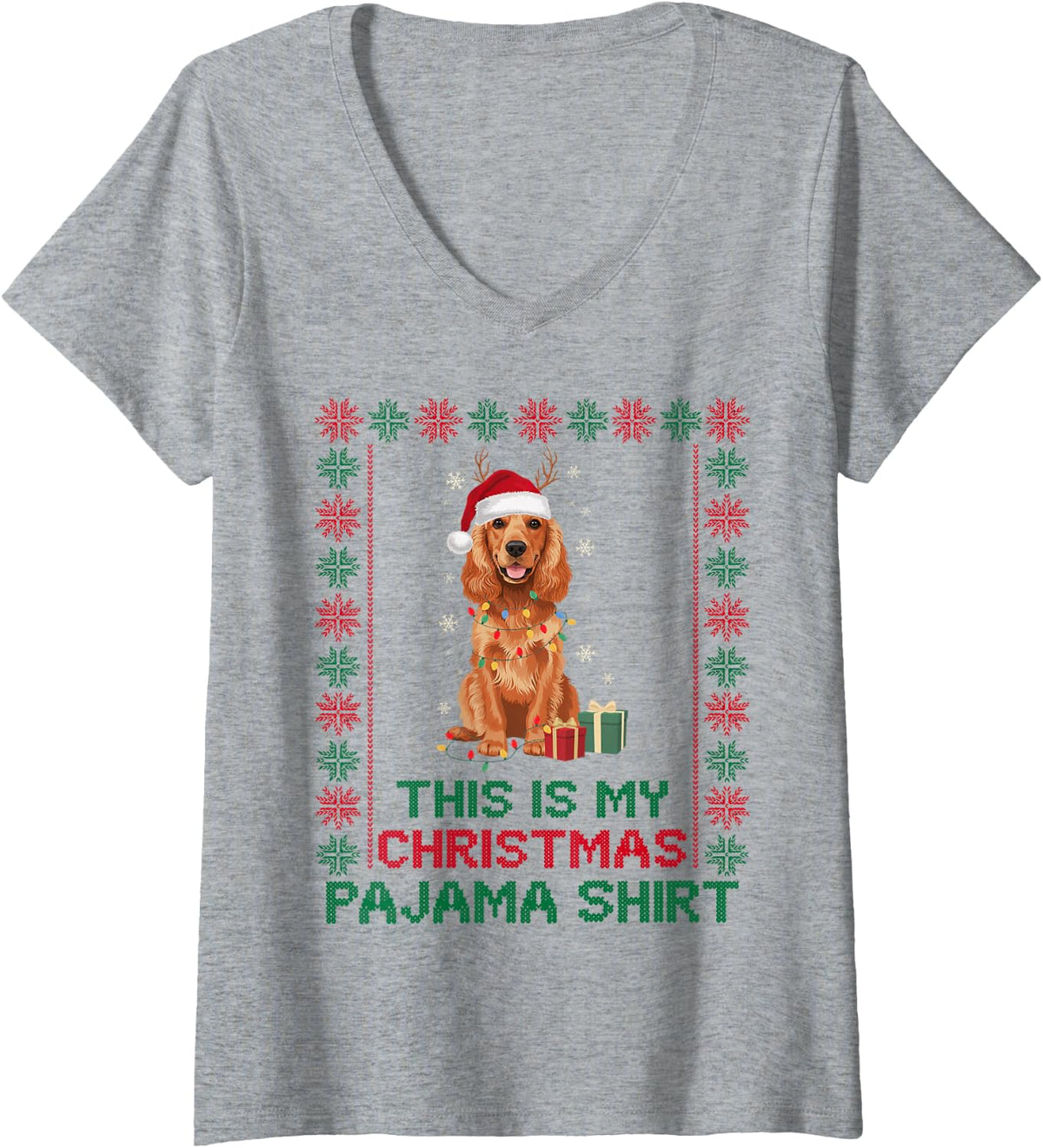 Women's Funny Cocker Spaniel Reindeer Santa Lights Dog Mom Dad Lover V-Neck T-Shirt - Heather Grey