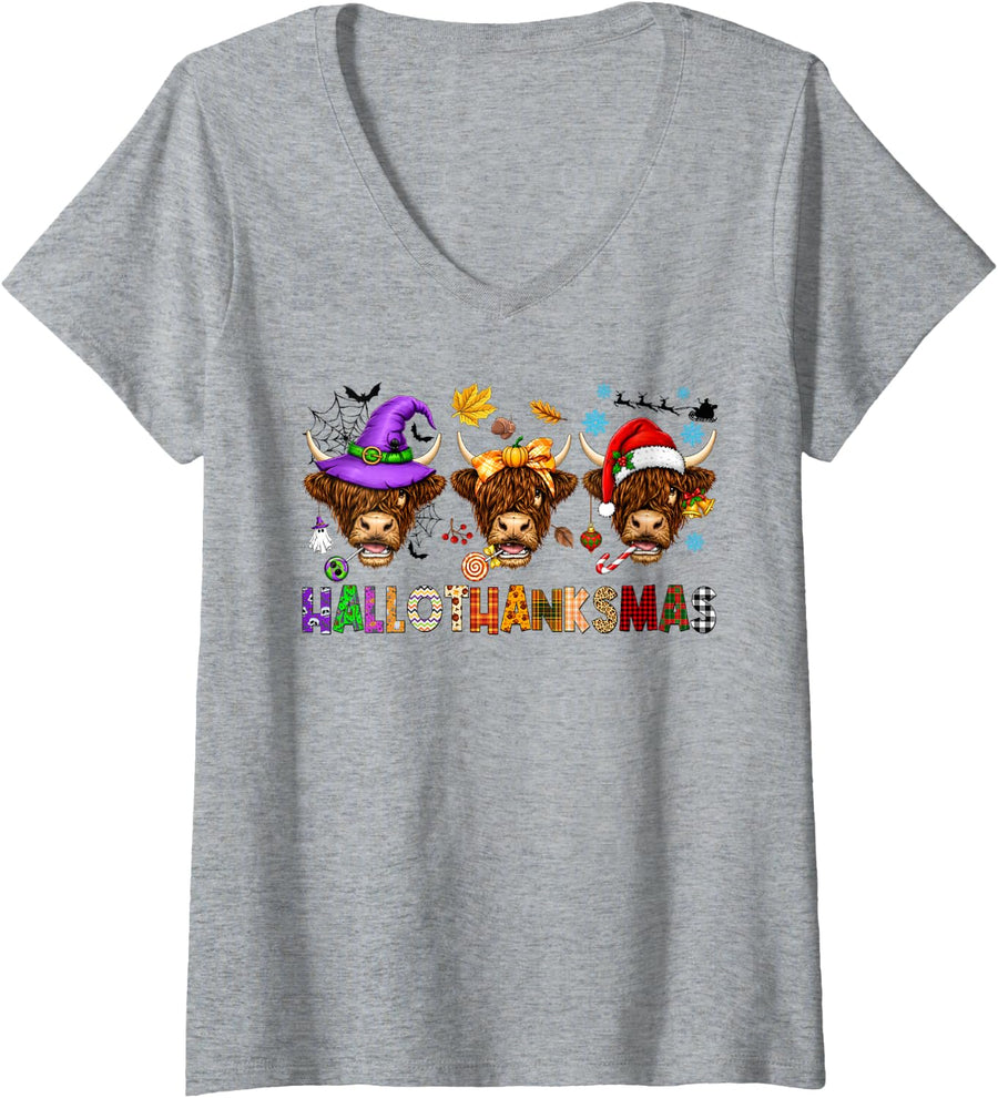 Women's Hallothanksmas Highland Cows Halloween Thanksgiving Xmas V-Neck T-Shirt - Heather Grey