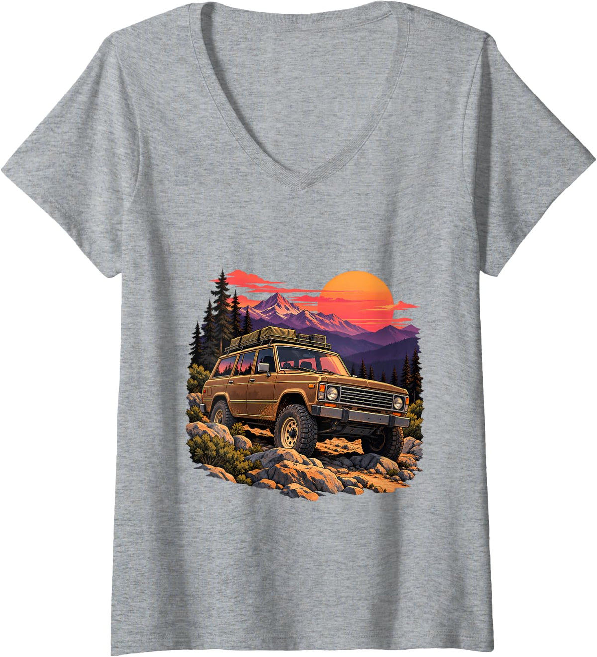 Women's Retro Sunset Overlanding 4x4 Off Road Mountain Expedition V-Neck T-Shirt - Heather Grey