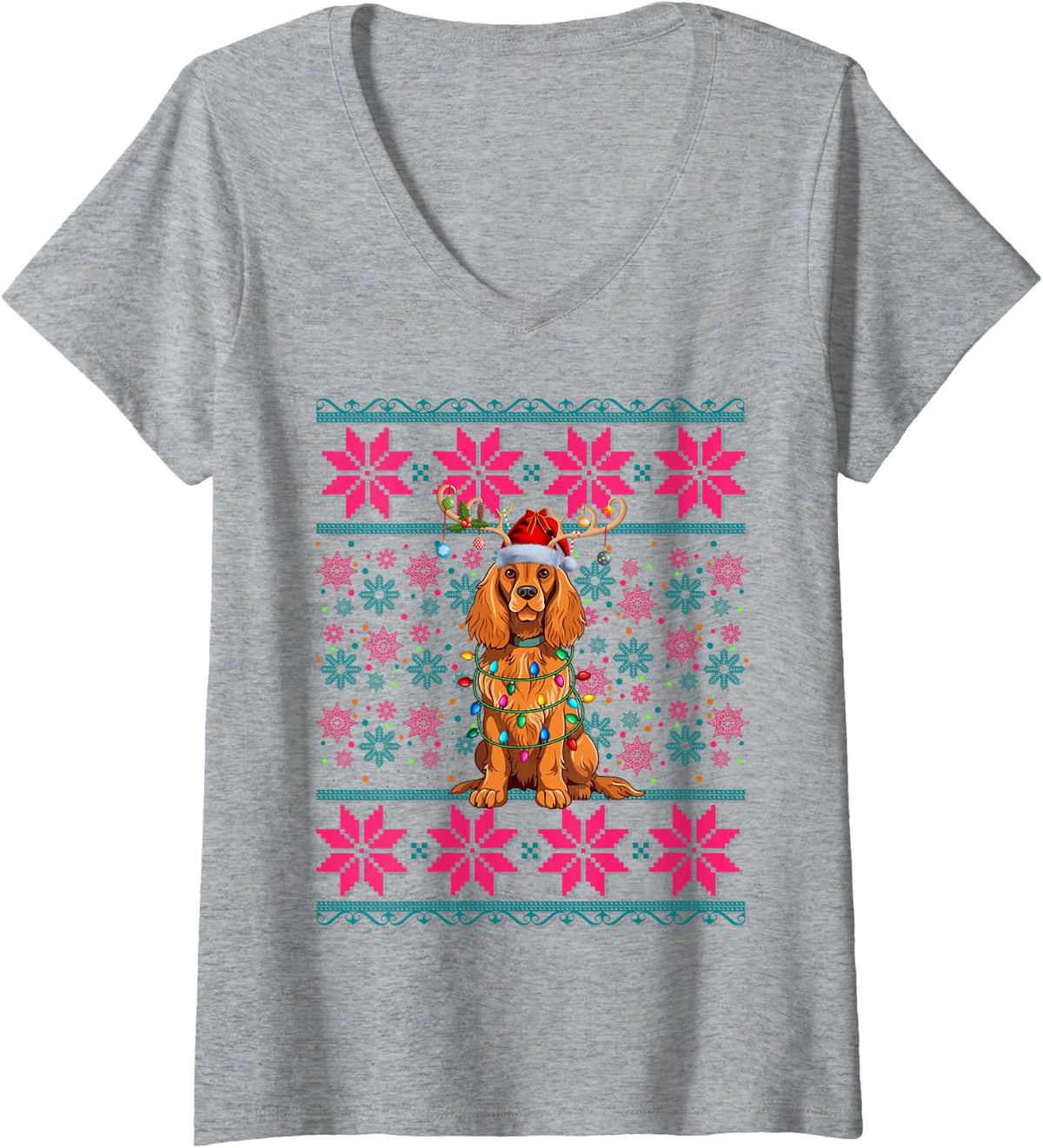 Women's Reindeer Santa Ugly Christmas Lights Cocker Spaniel Dog Xmas V-Neck T-Shirt - Heather Grey