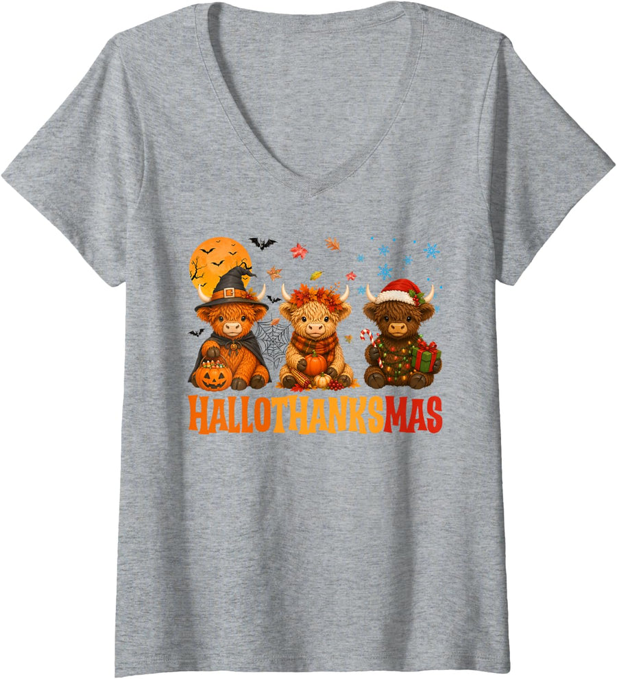 Women's Hallothanksmas Highland Cow Halloween Thanksgiving Christmas V-Neck T-Shirt - Heather Grey