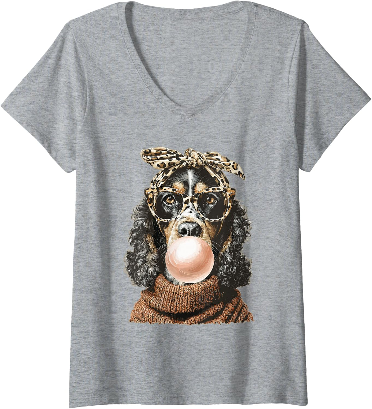 Women's Black Cocker Spaniel with Bubblegum Coquette Bow Autumn Dog V-Neck T-Shirt - Heather Grey