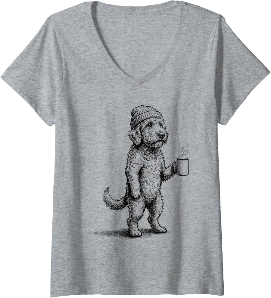 Women's Grumpy Goldendoodle Dog Drinking Coffee Funny V-Neck T-Shirt - Heather Grey