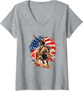 Women's American Rodeo Riding Bull Retro USA Flag Vintage Souvenir V-Neck T-Shirt - Heather Grey