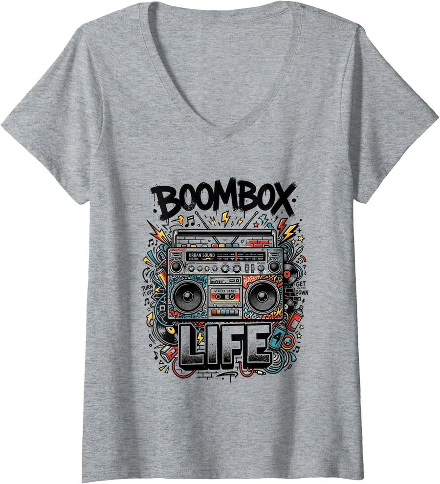 Women's Retro Boombox Cassette Tape Radio 80s Music Graphic V-Neck T-Shirt - Heather Grey
