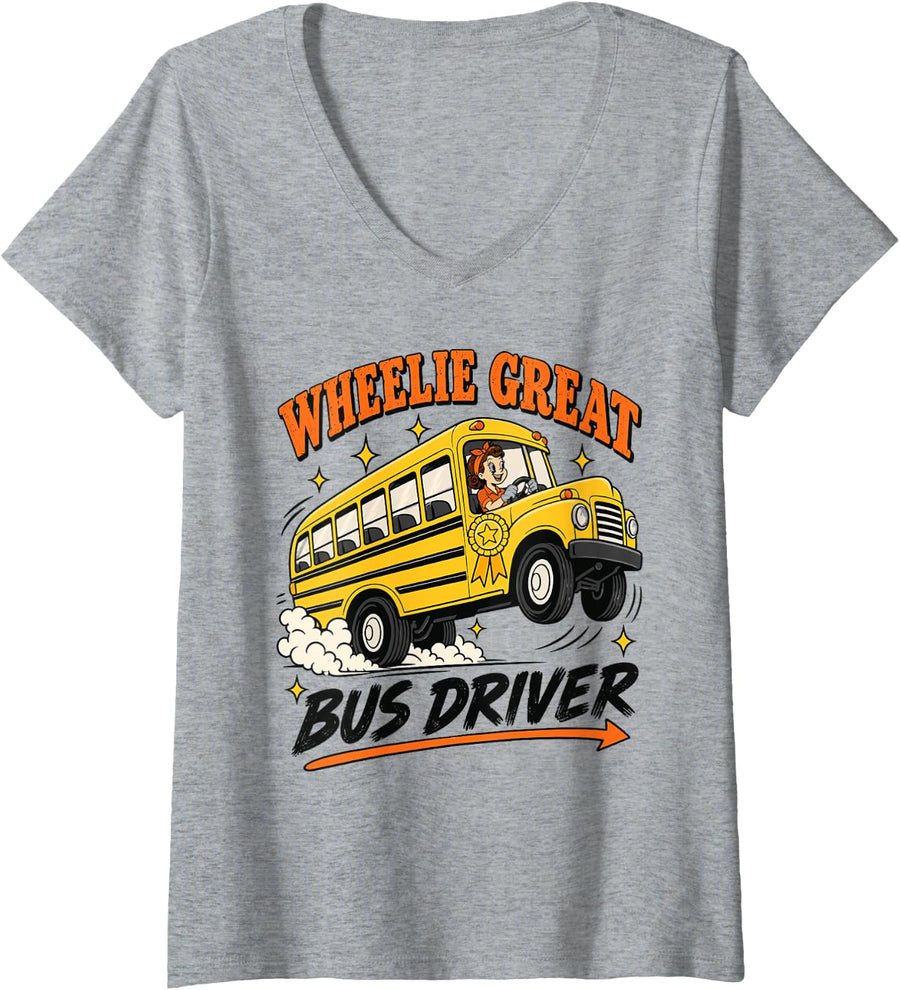 Women's Wheelie Great Bus Driver School Bus Driving Funny V-Neck T-Shirt - Heather Grey
