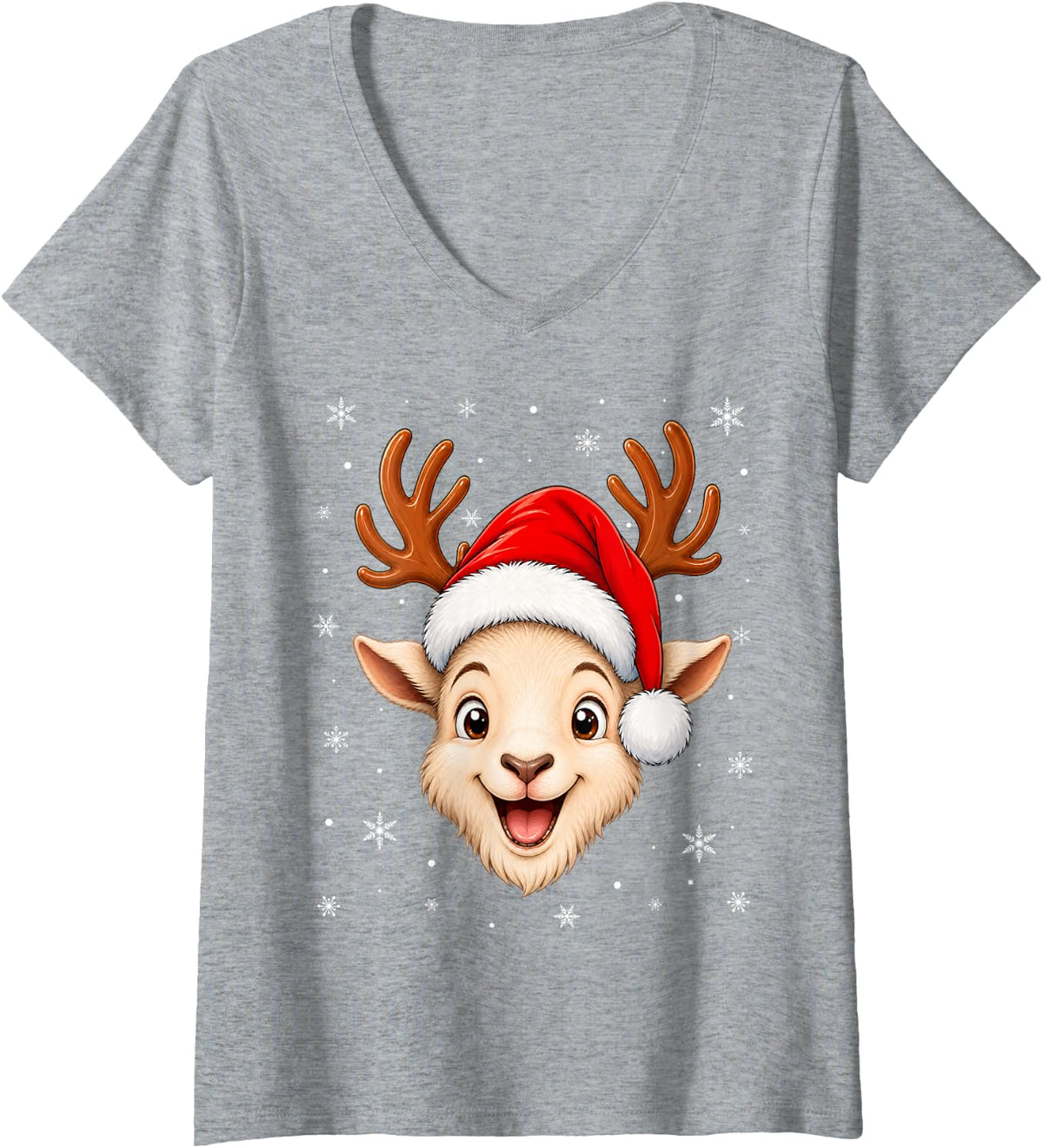 Women's Cute Animal Goat Reindeer Horn Santa Goat Christmas V-Neck T-Shirt - Heather Grey
