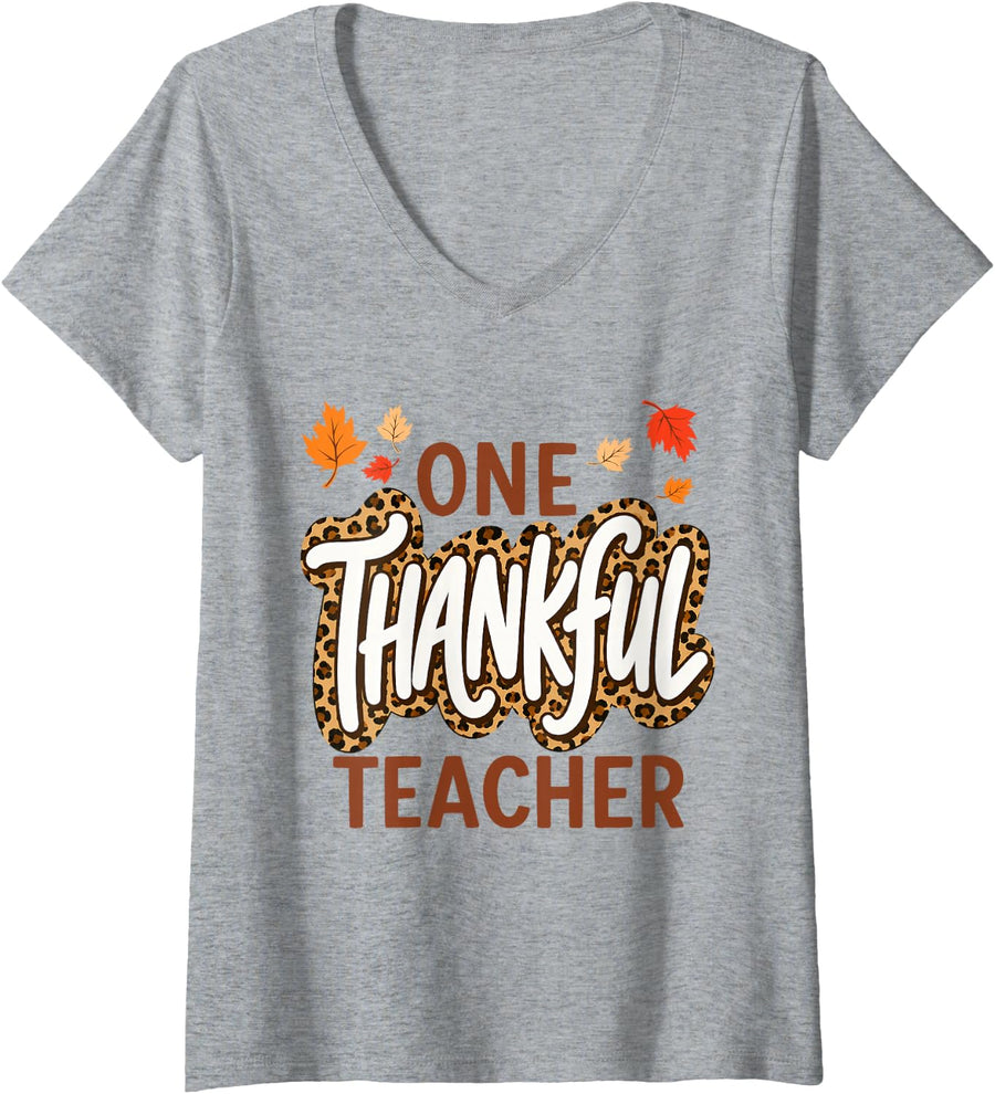 Women's Leopard Thankful Teacher Thanksgiving Fall Teachers V-Neck T-Shirt - Heather Grey