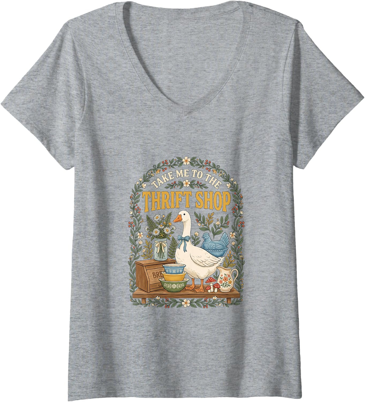 Women's Take Me to The Thrift Shop Vintage Goose Graphic V-Neck T-Shirt - Heather Grey