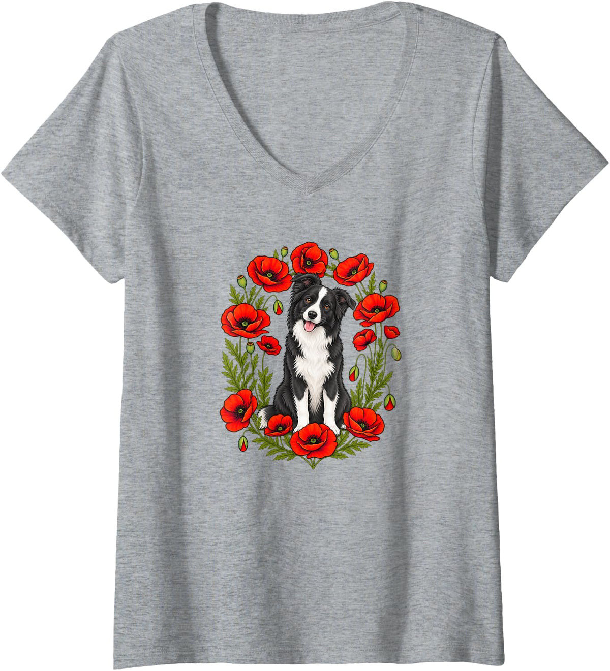 Women's Womens Girls Flower Floral Black & White Border Collie Lover V-Neck T-Shirt - Heather Grey