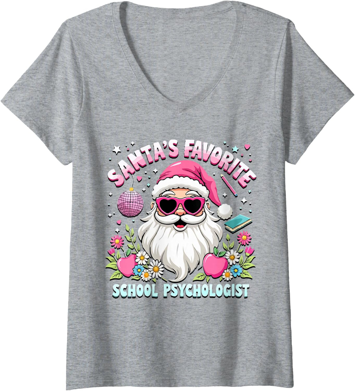 Women's Funny Pink Santa's Favorite School Psychologist Christmas V-Neck T-Shirt - Heather Grey