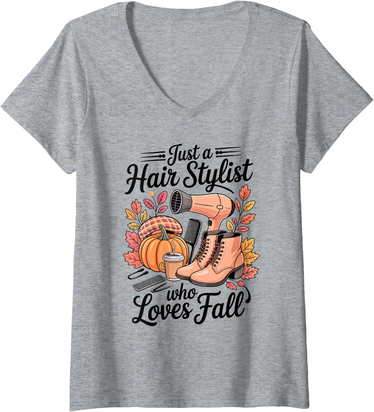 Women's Just a Hair Stylist who Loves Fall Autumn Matching Outfit V-Neck T-Shirt - Heather Grey