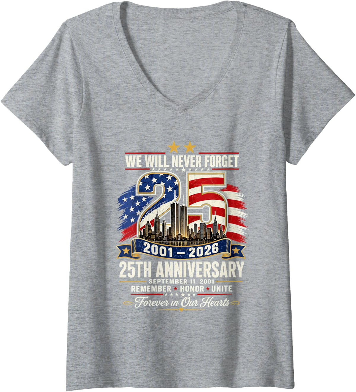 Women's 25th Anniversary September 11 2001 Memorial Day USA Flag V-Neck T-Shirt - Heather Grey