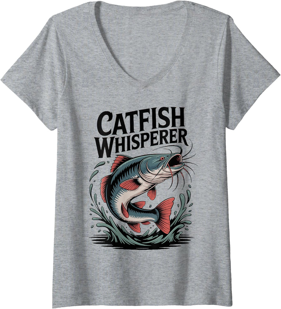 Women's Catfish Hunter Whisperer Angling Catfishing Angler V-Neck T-Shirt - Heather Grey