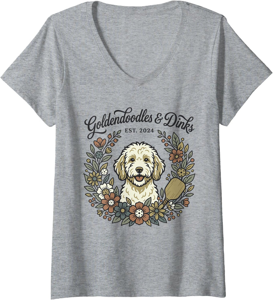 Women's Goldendoodles and Dinks Cute Floral Dog Pickleball Theme V-Neck T-Shirt - Heather Grey
