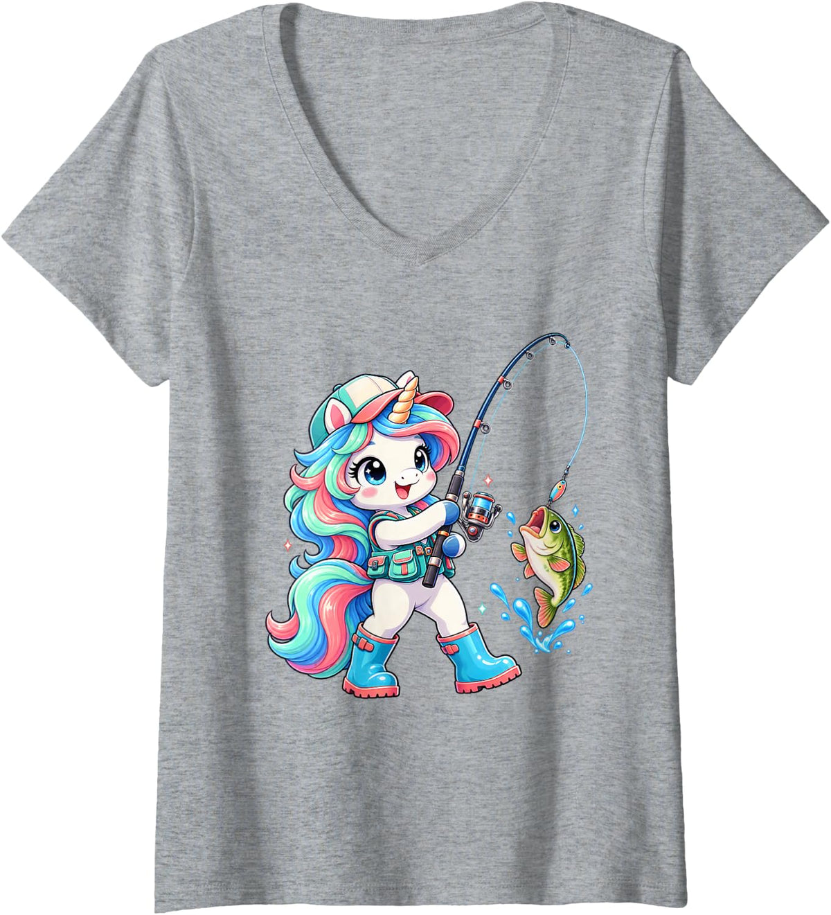 Women's Cute Unicorn Bass Fishing Angler Fisher Girl Women V-Neck T-Shirt - Heather Grey