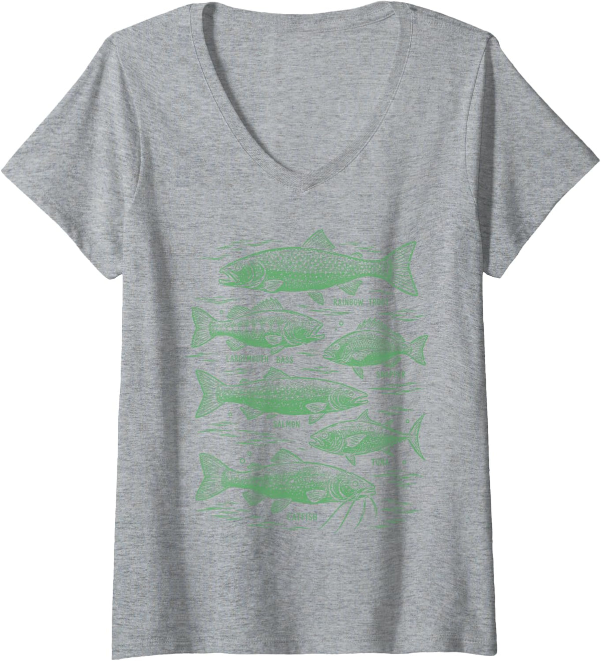 Women's Fish Species Fishing Fisherman Catfish Tuna Salmon Angler V-Neck T-Shirt - Heather Grey