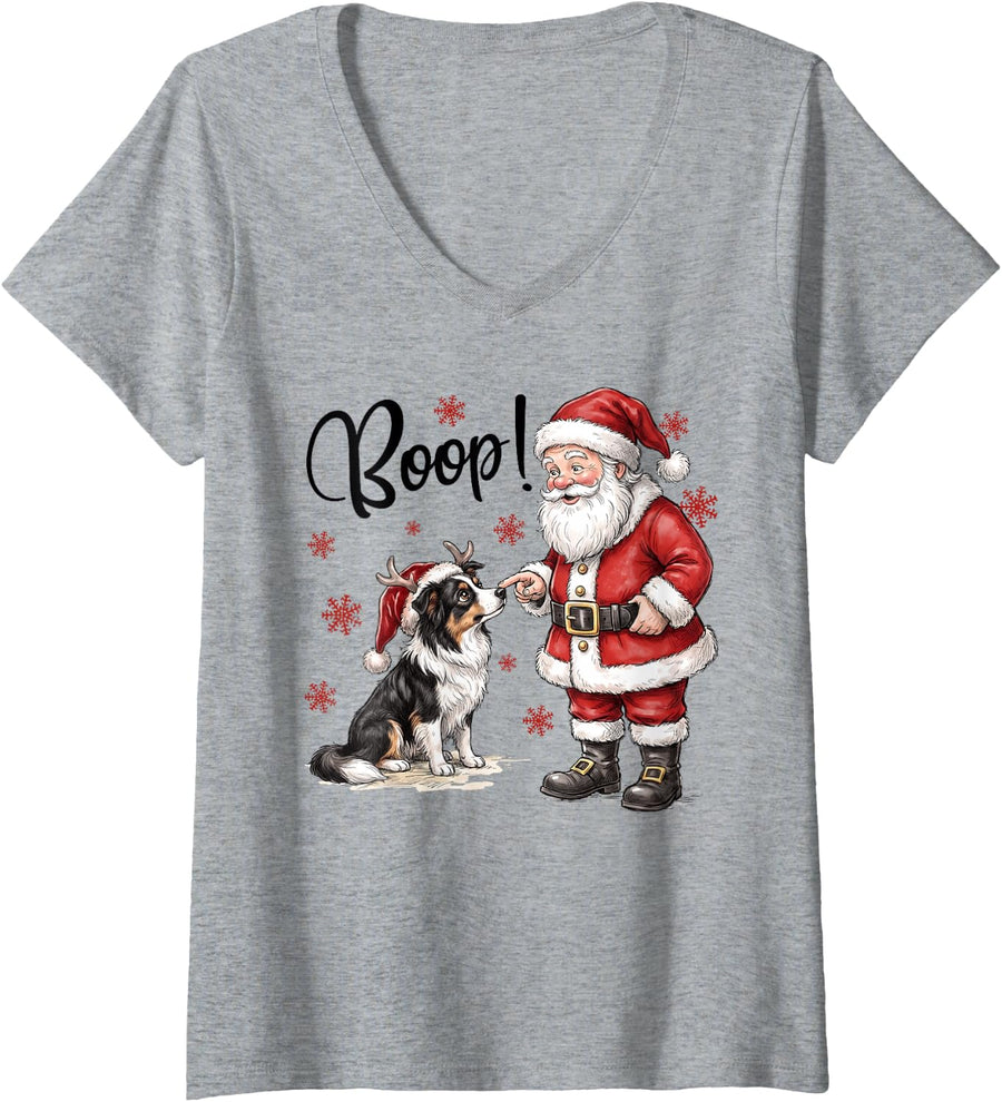 Women's Santa Boop Border Collie Dog Nose Funny Christmas Dog Lover V-Neck T-Shirt - Heather Grey