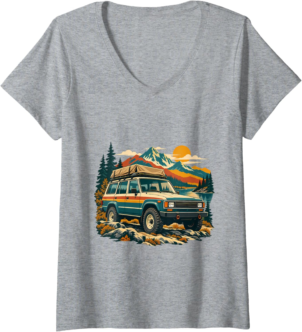 Women's Vintage Overlanding 4x4 Off Road Mountain Adventure V-Neck T-Shirt - Heather Grey