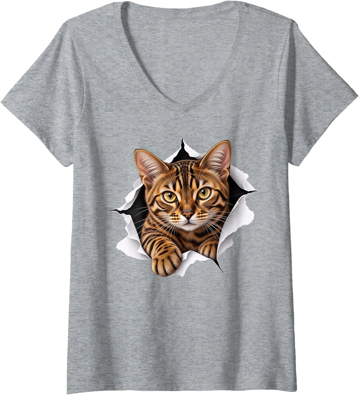 Women's Funny Bengal Cat Peeking Cute Mom Dad V-Neck T-Shirt - Heather Grey