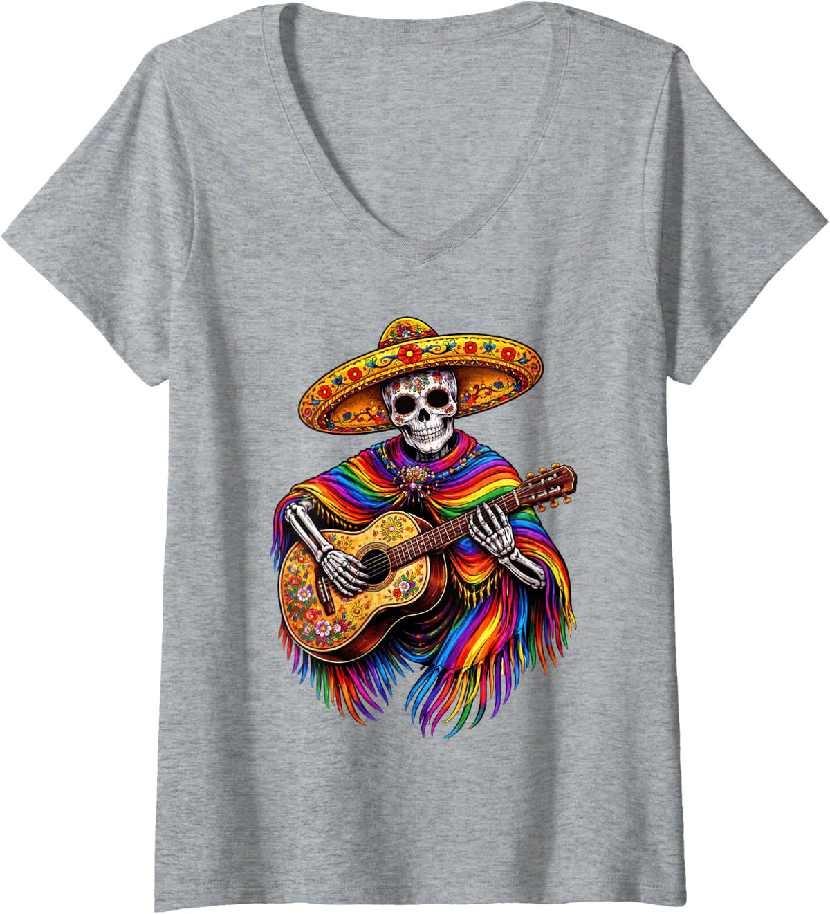Women's Happy Cinco De Mayo Skeleton Skull Fiesta Sombreros Guitar V-Neck T-Shirt - Heather Grey