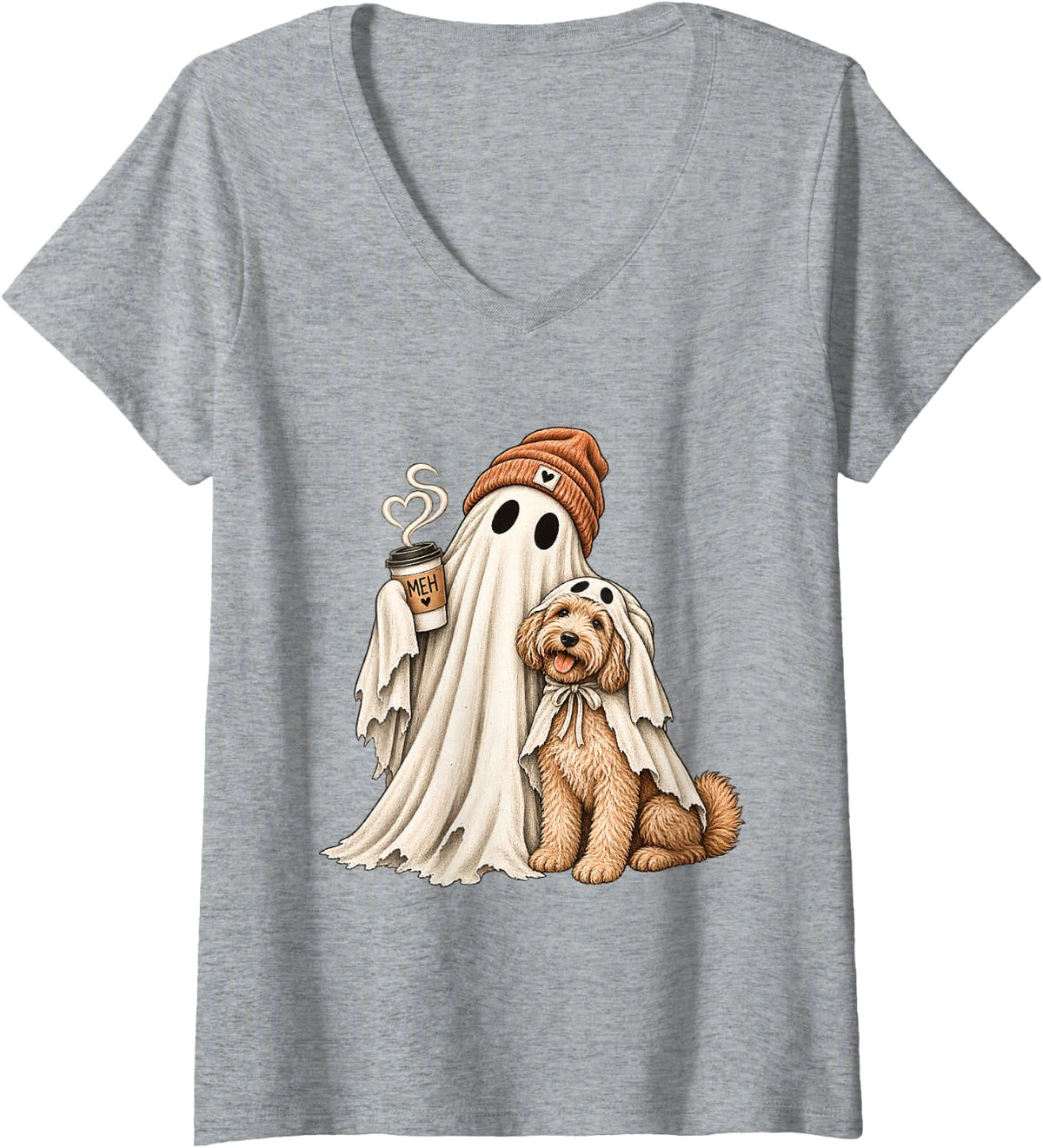 Women's Ghost Coffee Golden Doodle Dog Halloween Costume Cavapoo V-Neck T-Shirt - Heather Grey