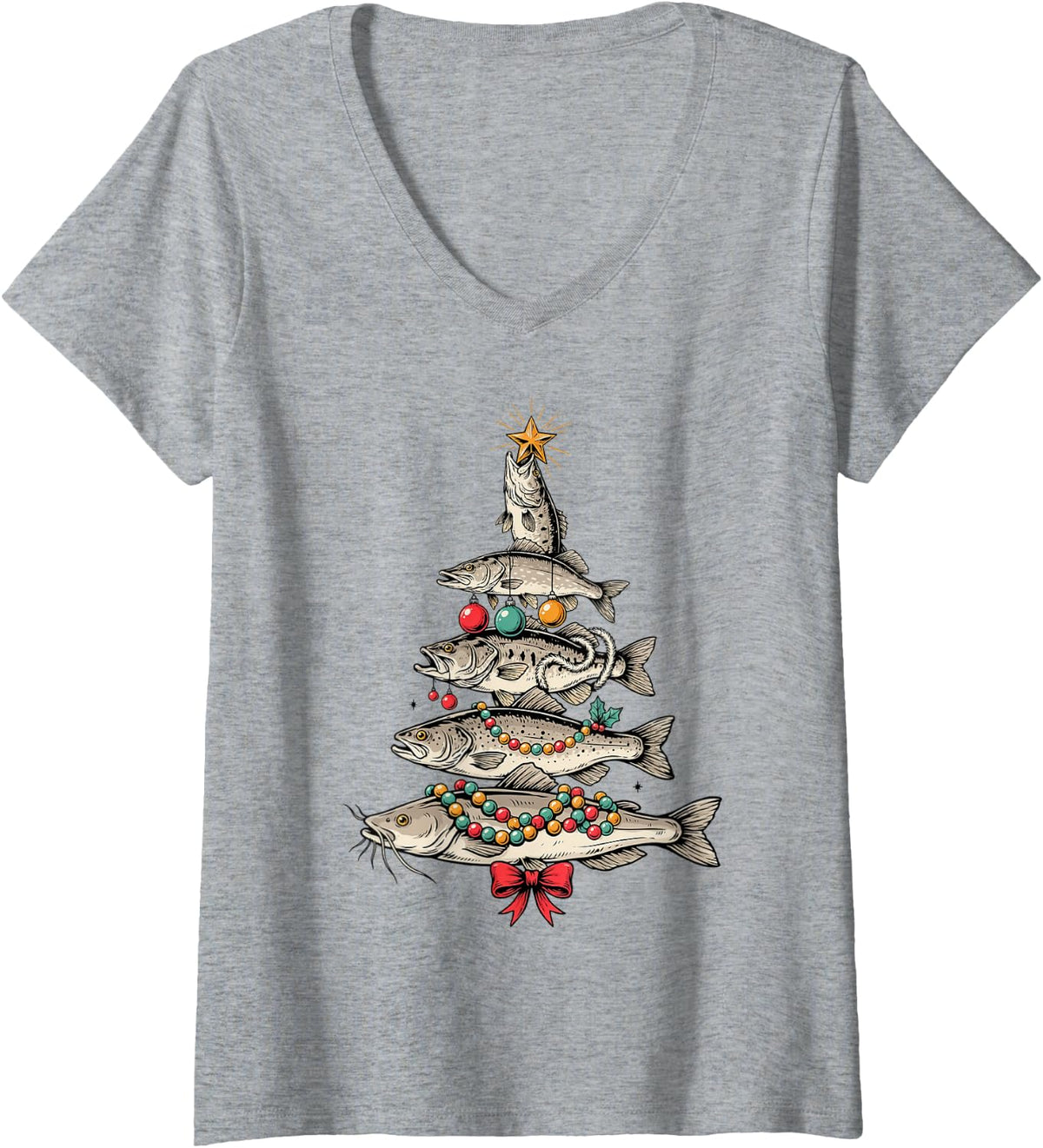 Women's Fish Christmas Tree Fishing Xmas Tree Angler V-Neck T-Shirt - Heather Grey
