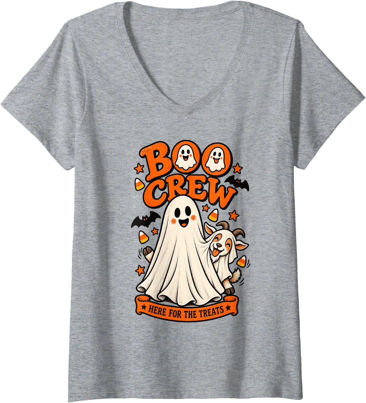 Women's Goat Boo Crew Here for the Treats Halloween Animal Lover V-Neck T-Shirt - Heather Grey
