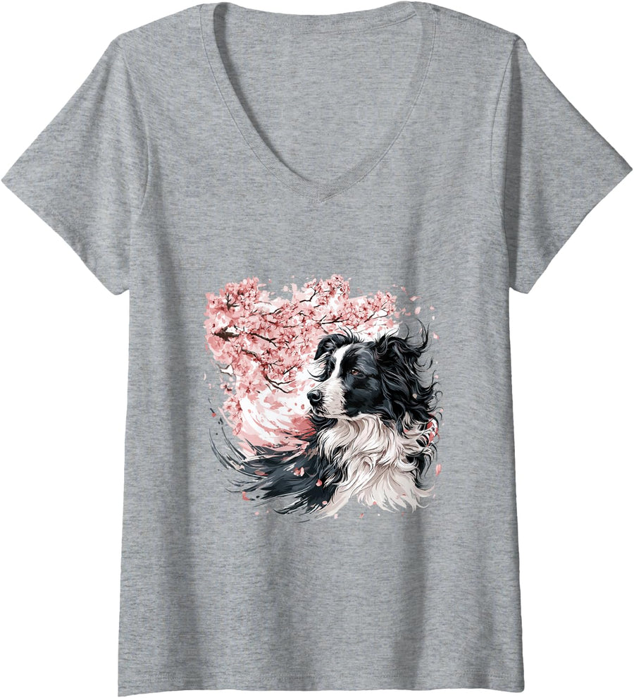 Women's Cherry Blossoms - Watercolor Border Collie V-Neck T-Shirt - Heather Grey