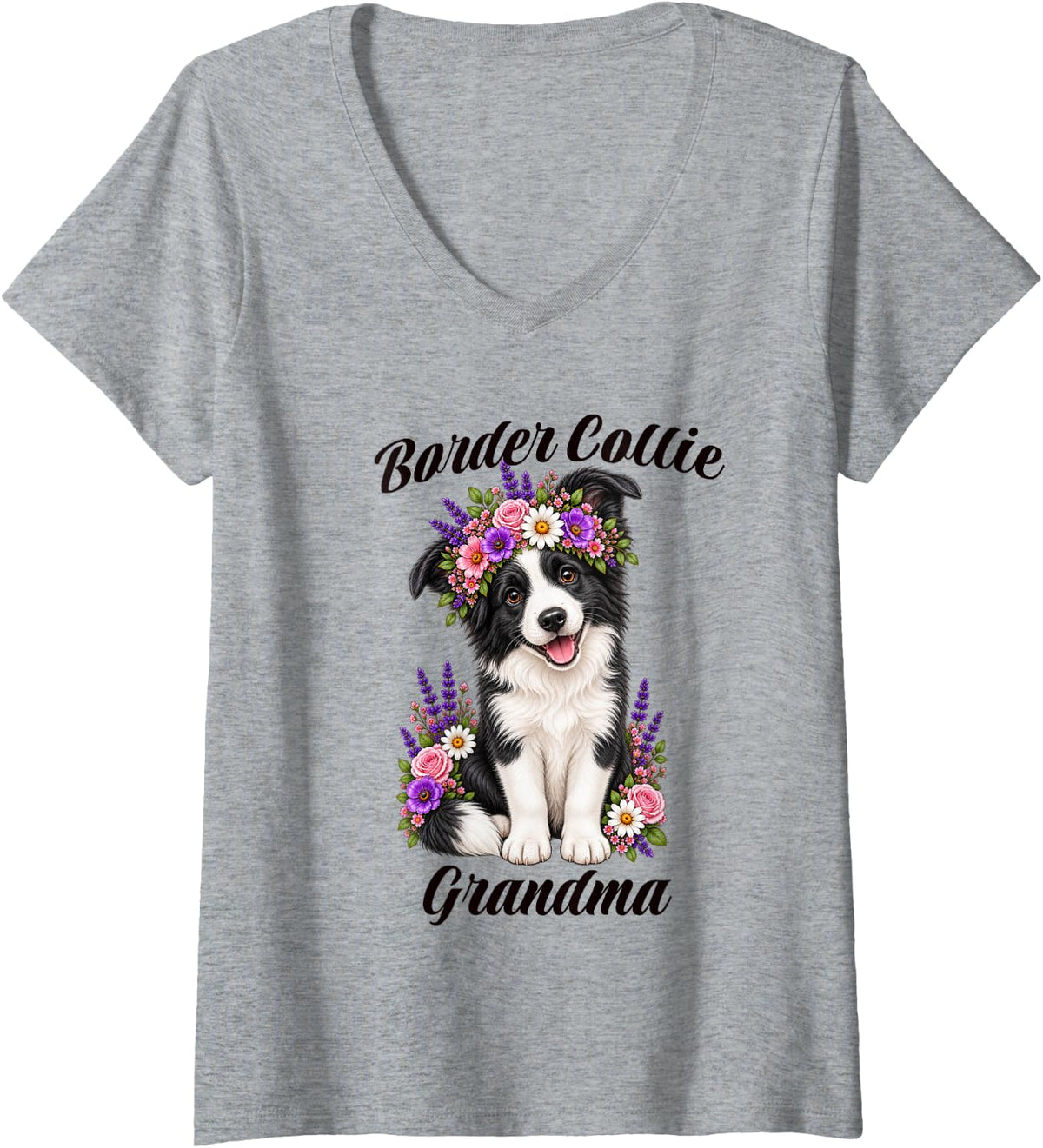 Women's Border Collie Grandma Cute Puppy Floral Crown Flowers V-Neck T-Shirt - Heather Grey