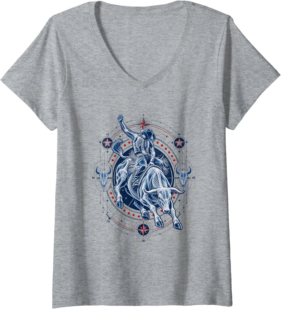 Women's Blueprint Rodeo Riding Bull Retro USA Vintage Souvenir USA V-Neck T-Shirt - Heather Grey