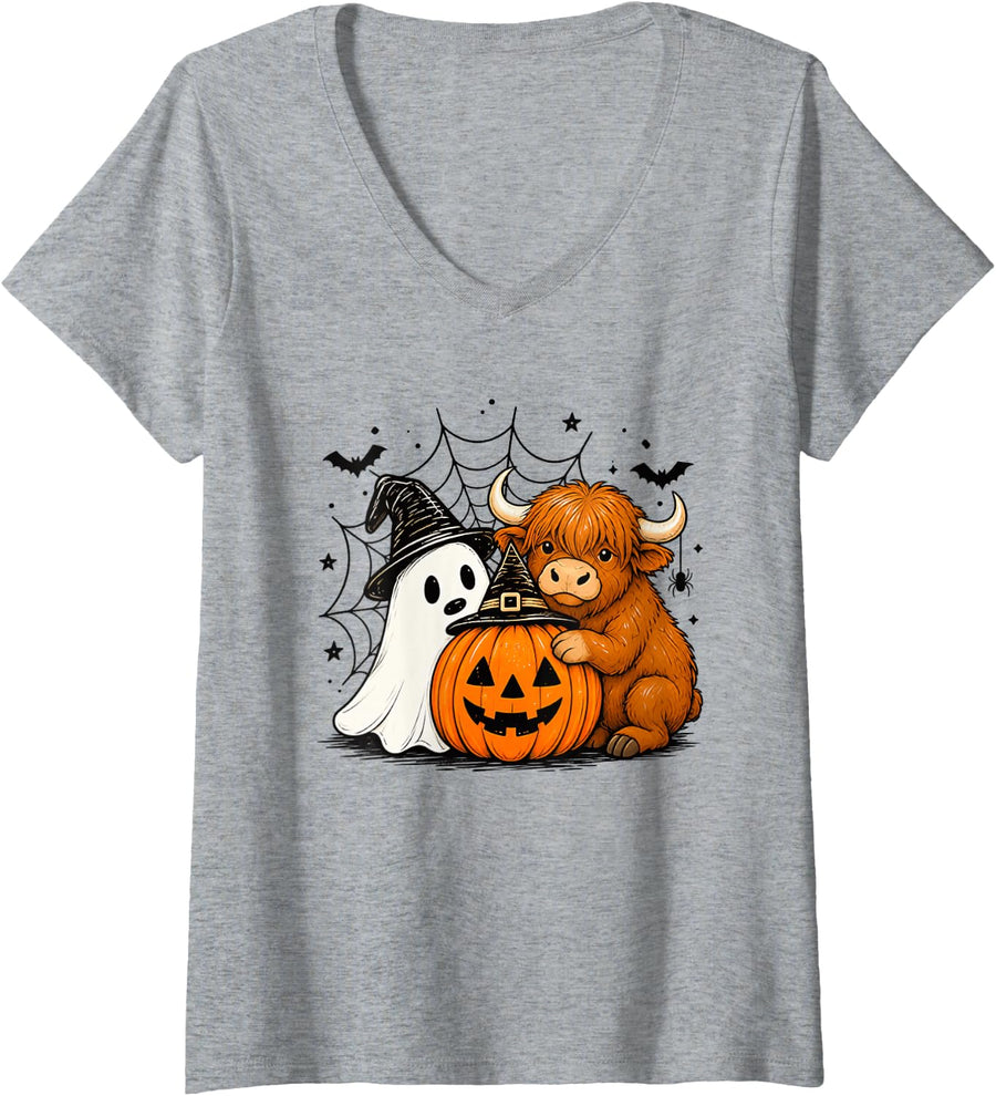 Women's Highland_Cow Halloween Ghost Pumpkin Cute Spooky Costume V-Neck T-Shirt - Heather Grey