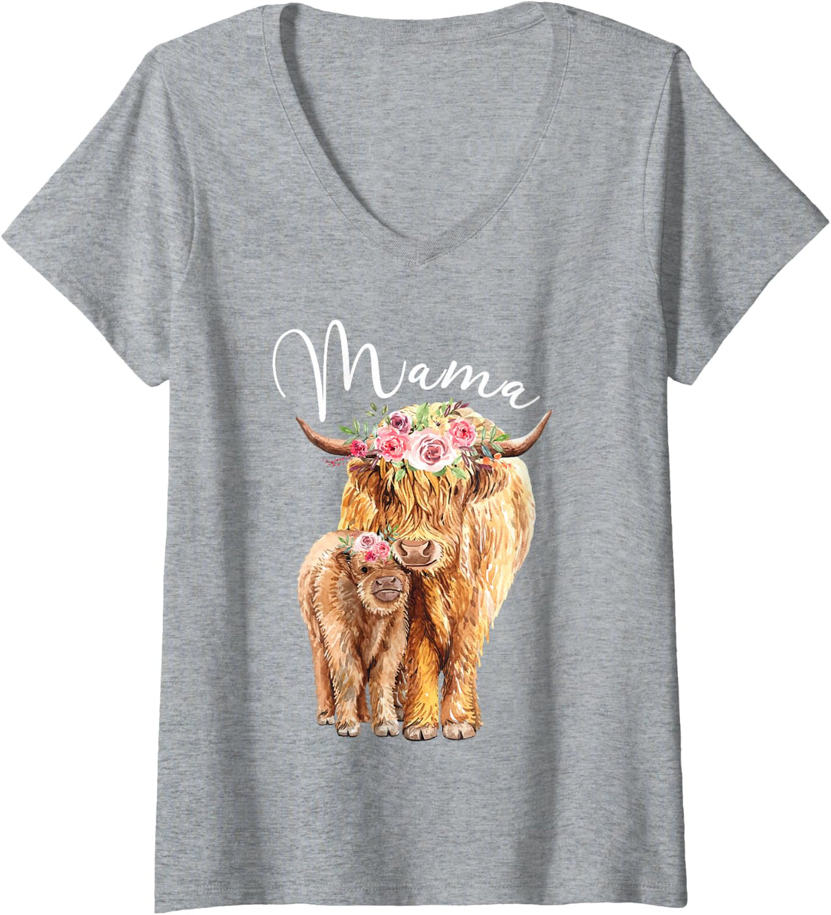 Womens Mama Highland Cow With Baby Calf Floral Mothers Day Mom Gift V-Neck T-Shirt - Heather Grey