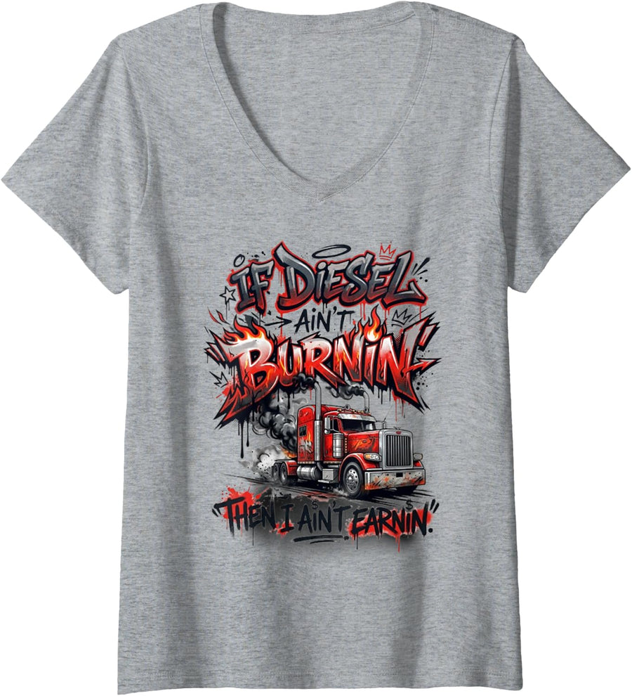 Women's If Diesel Ain't Burnin Funny Truck Driver V-Neck T-Shirt - Heather Grey
