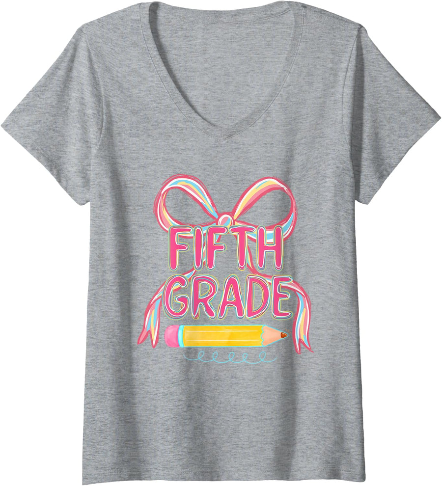 Women's Preppy Fifth Grade Back to School Pencil Student Teacher Kid V-Neck T-Shirt - Heather Grey