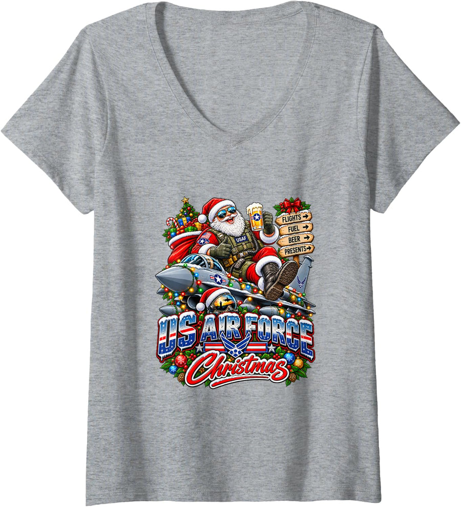 Women's Funny Military Aviation Christmas Santa Design V-Neck T-Shirt - Heather Grey