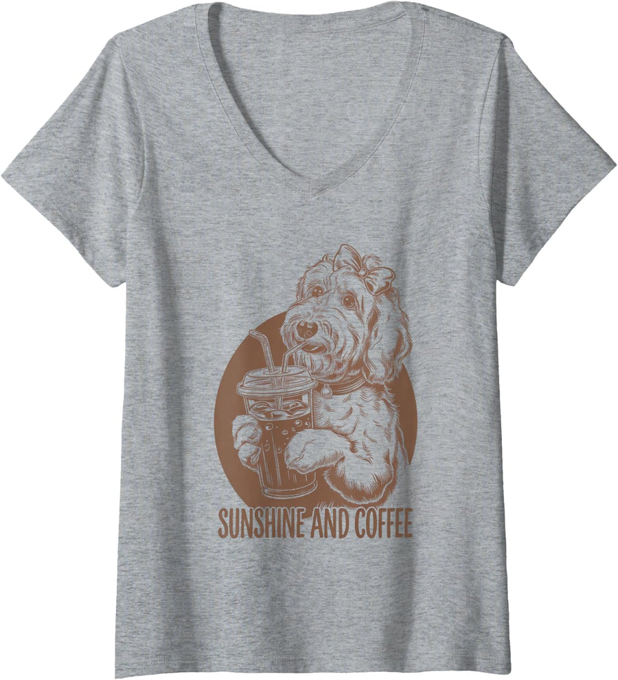 Women's Goldendoodle Dog Owners Sunshine and Coffee Iced Drinks V-Neck T-Shirt - Heather Grey