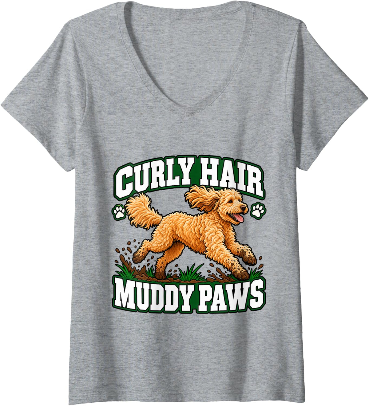 Women's Goldendoodle Curly Hair Muddy Paws Doodle Dad Funny Pup V-Neck T-Shirt - Heather Grey