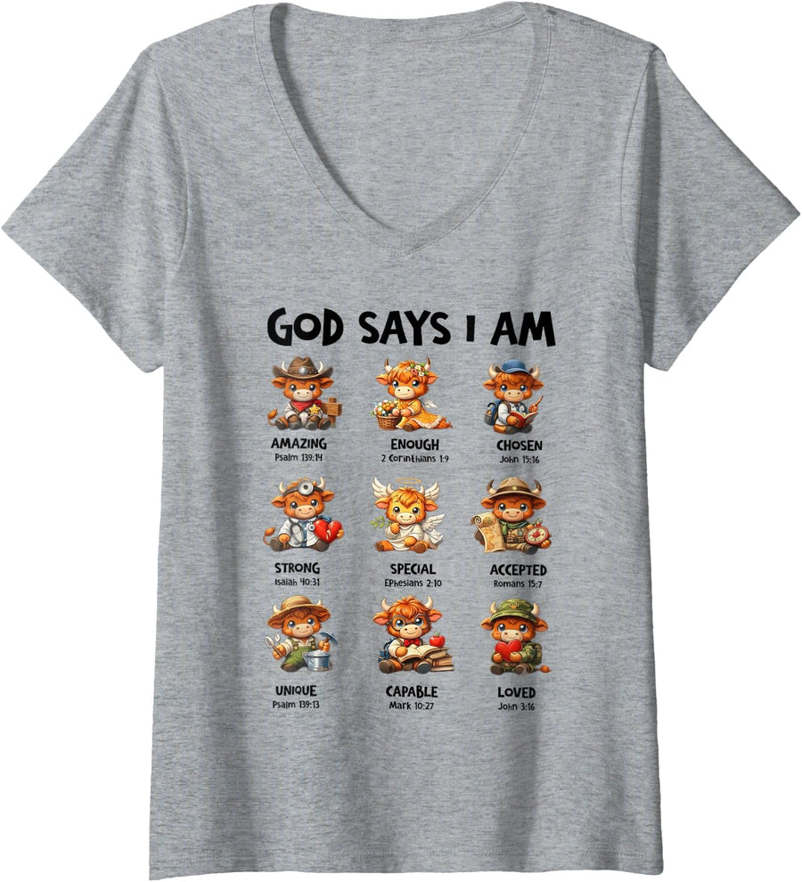 Women's God Says I Am Highland Cow Christian Religious Scottish Cow V-Neck T-Shirt - Heather Grey