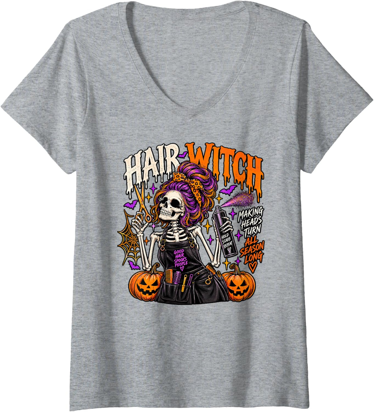 Women's Hair Witch Funny Halloween Hairstylist V-Neck T-Shirt - Heather Grey