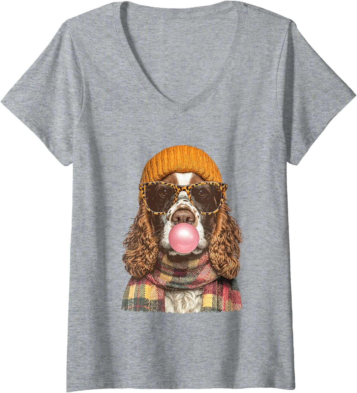 Women's Fall Cocker Spaniel with Sunglasses and Bubblegum Autumn Dog V-Neck T-Shirt - Heather Grey
