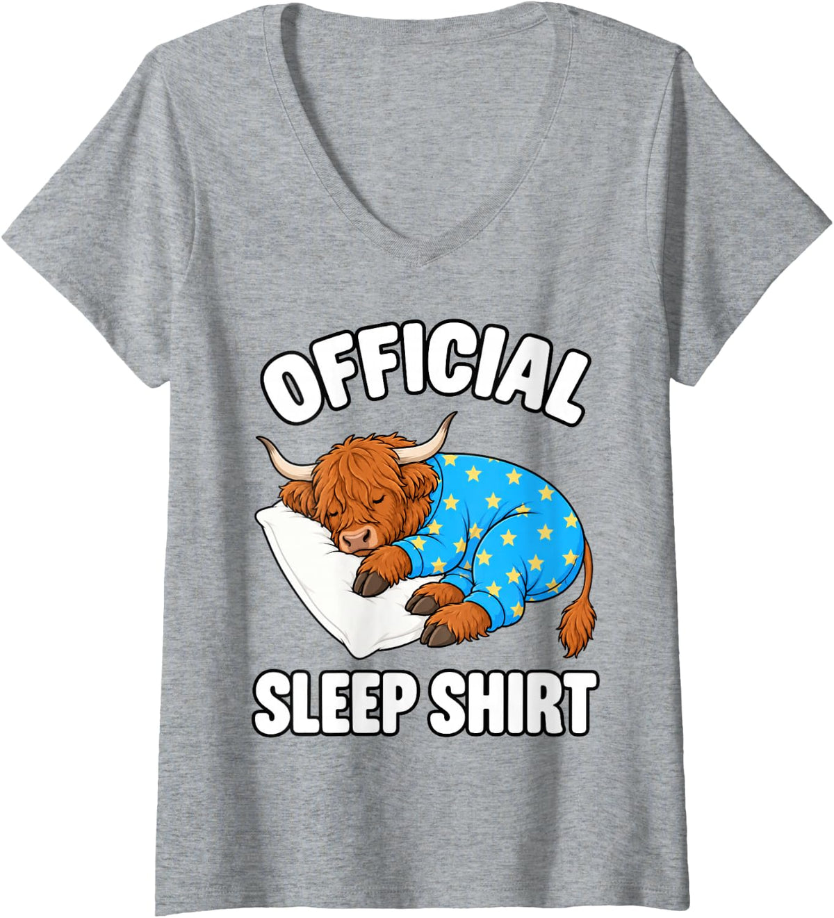 Women's Highland Cow Sleeping in Pajamas Official Sleepshirt Cute V-Neck T-Shirt - Heather Grey