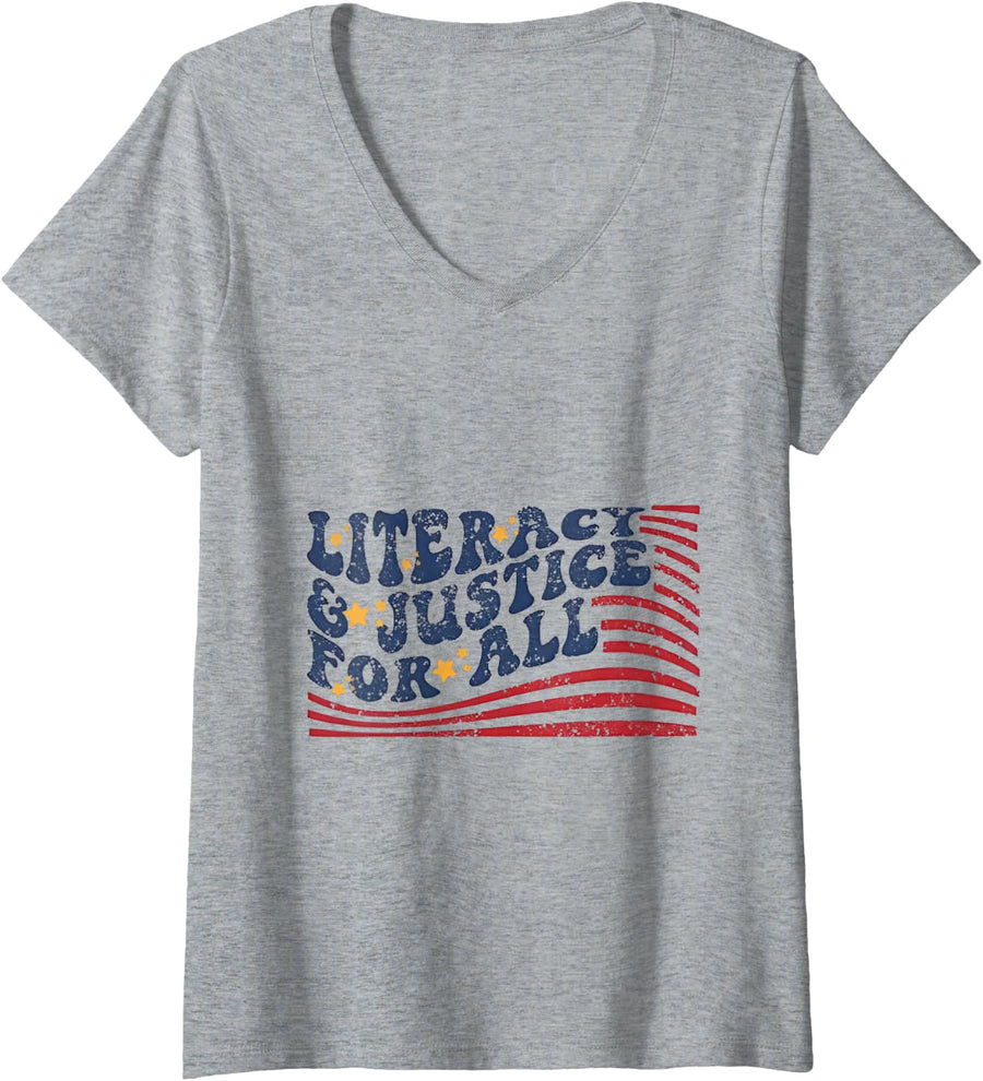 Women's Literacy Justice for All Teachers V-Neck T-Shirt - Heather Grey