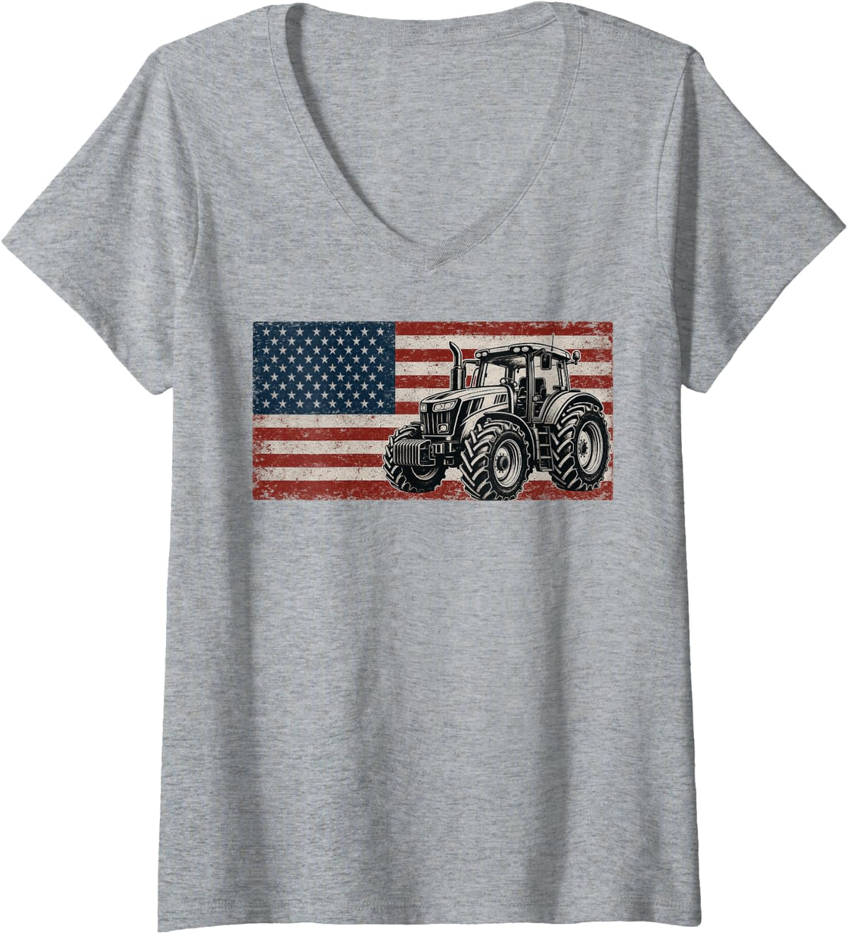 Women's Farm Tractors USA Flag Patriotic Farming Gifts V-Neck T-Shirt - Heather Grey