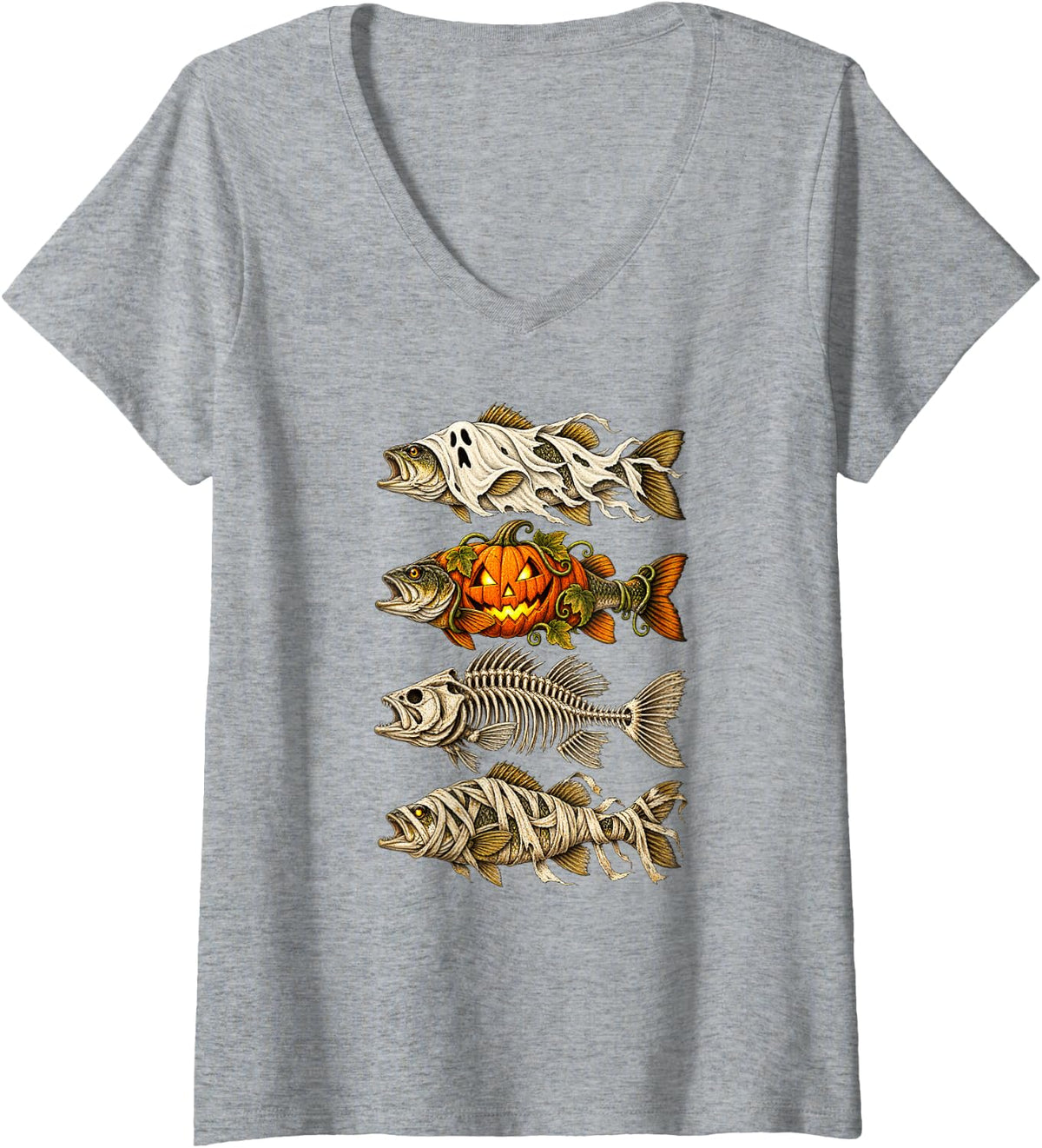 Women's Halloween Fishing Skeleton Fish Mummy Jack O Lantern V-Neck T-Shirt - Heather Grey