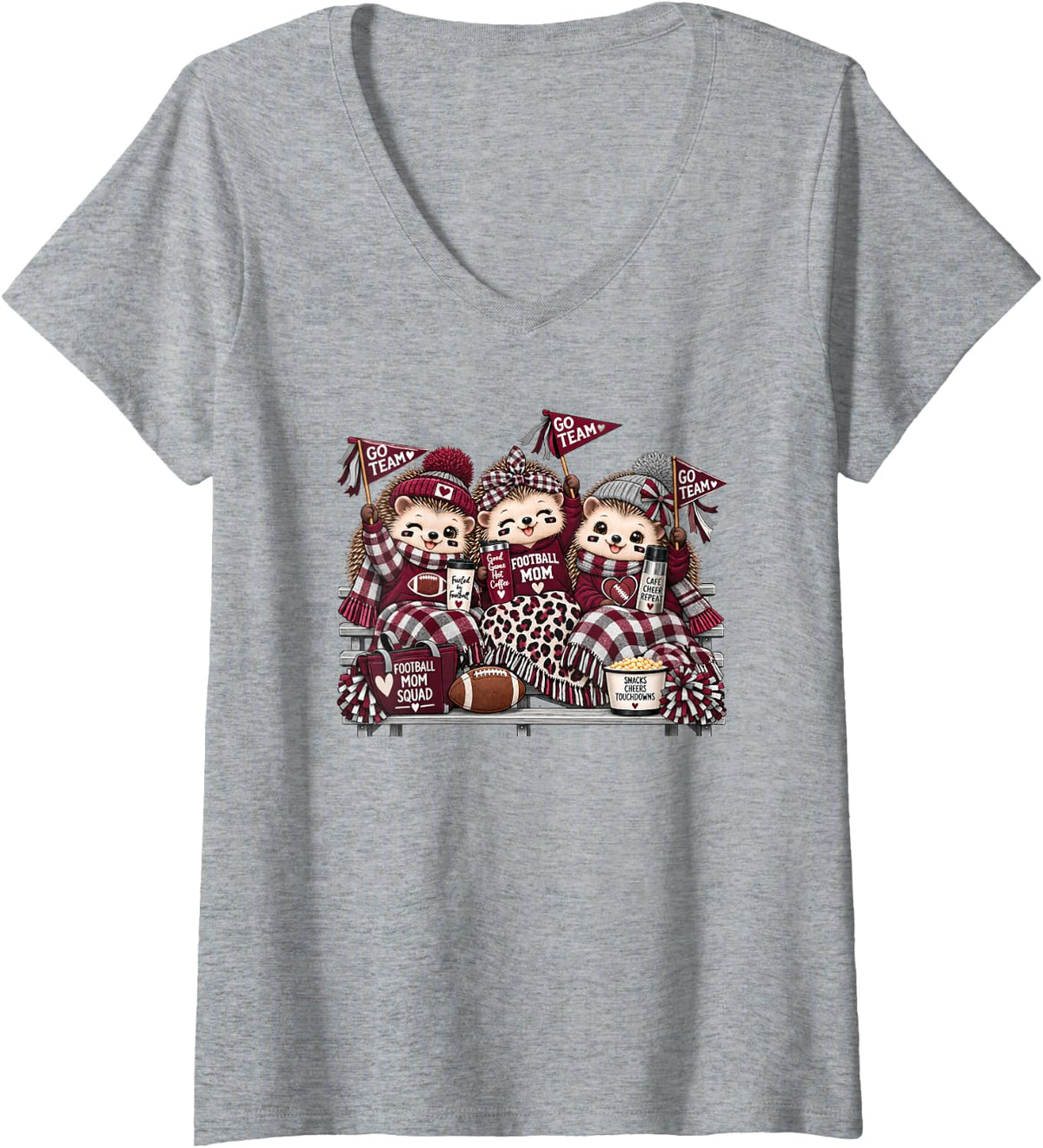 Women's Football Mom Squad Cute Hedgehog Game Day Cheer Maroon Grey V-Neck T-Shirt - Heather Grey