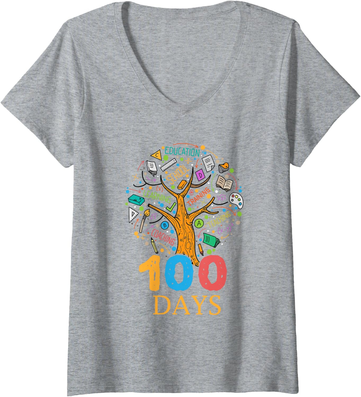 Women's 100 Days of School for Kids Girls Boys 100th Day of School V-Neck T-Shirt - Heather Grey