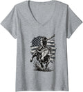 Women's Patriotic Bull Riding American Flag Rodeo Cowboy Souvenir V-Neck T-Shirt - Heather Grey