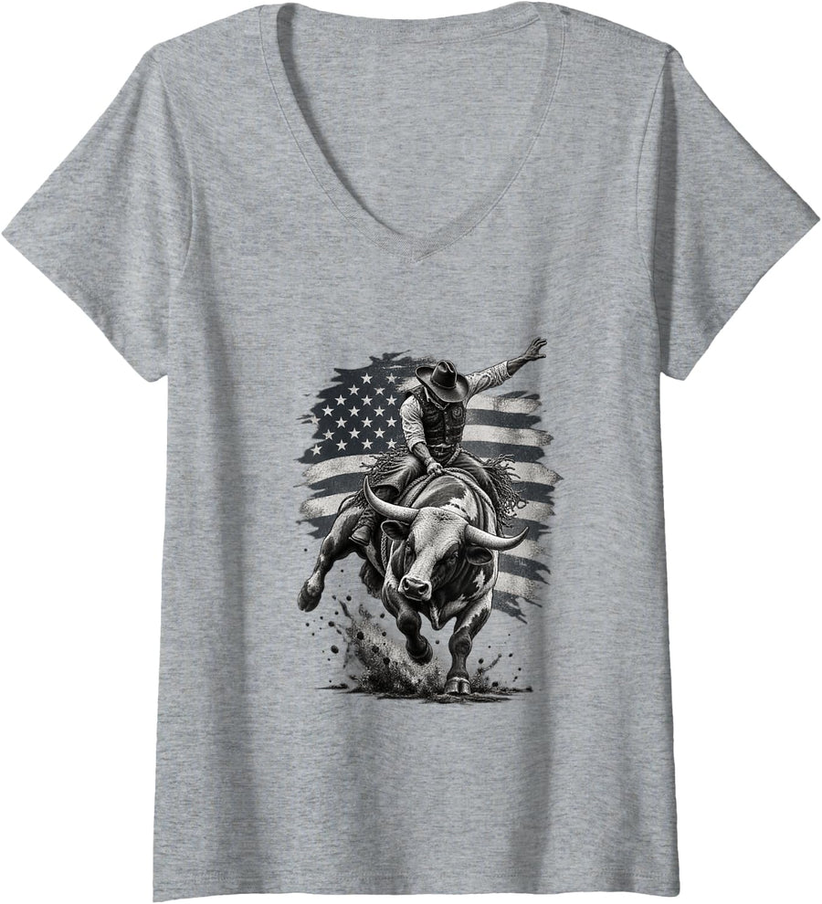 Women's Patriotic Bull Riding American Flag Rodeo Cowboy Souvenir V-Neck T-Shirt - Heather Grey